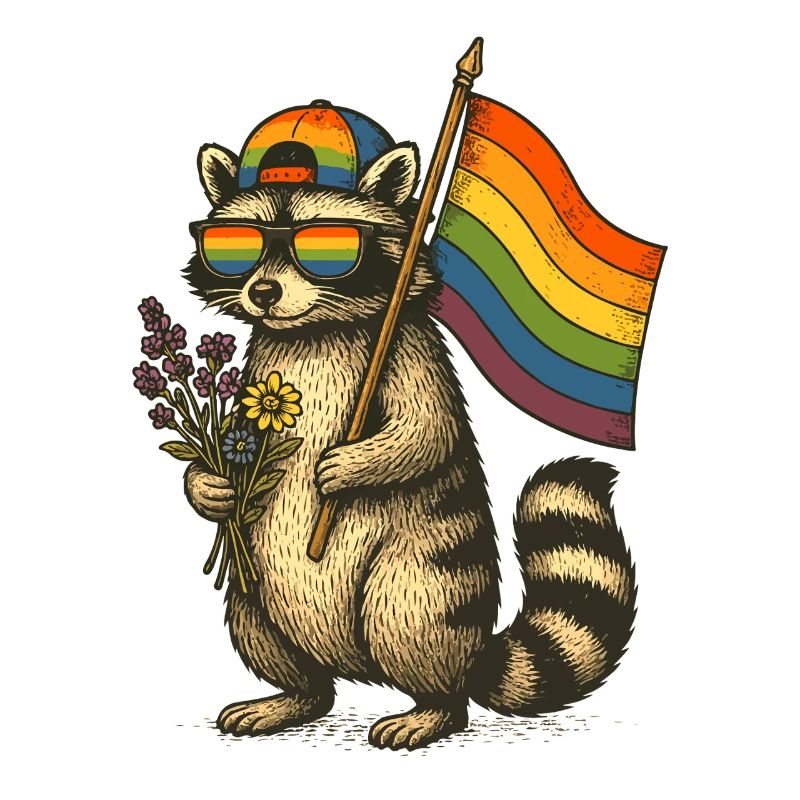 Waschbär Pride mit Regenbogenflagge