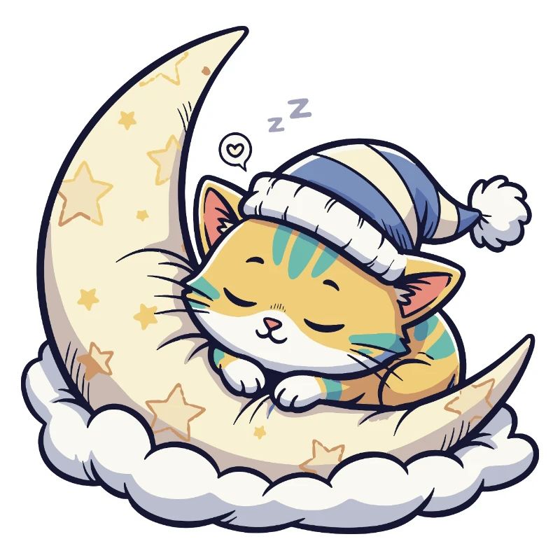 Moon cat dreaming on starry moon