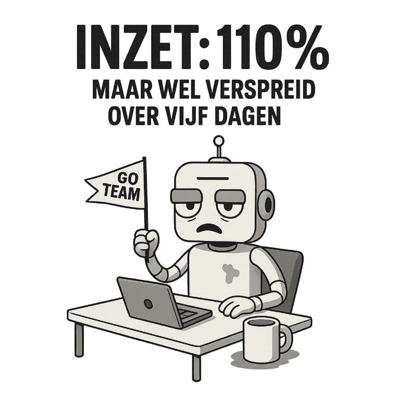 COMMITMENT: 110% – Robot at work with dry humor