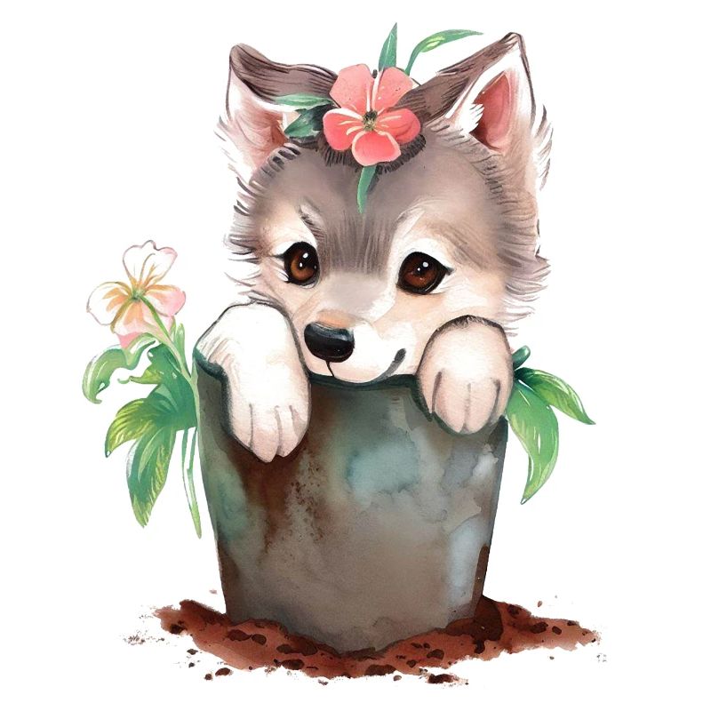 Chiot chiot dans un pot de fleurs