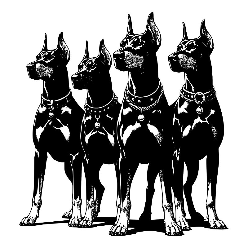 Vier schlaue wachsame Dobermänner Hunde