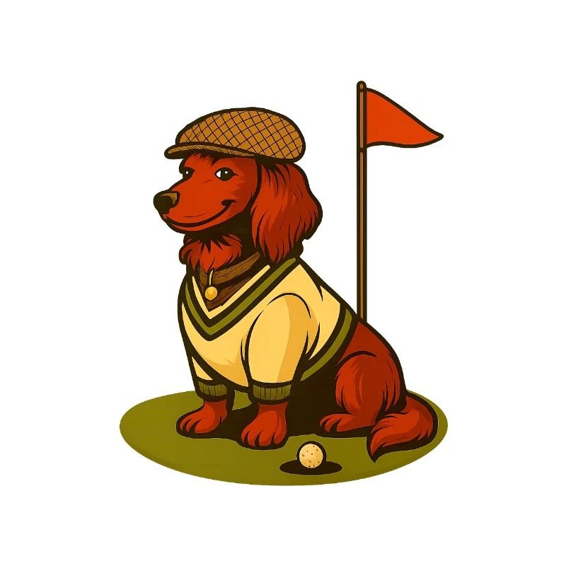 Teckel de golf en tenue rétro avec drapeau.