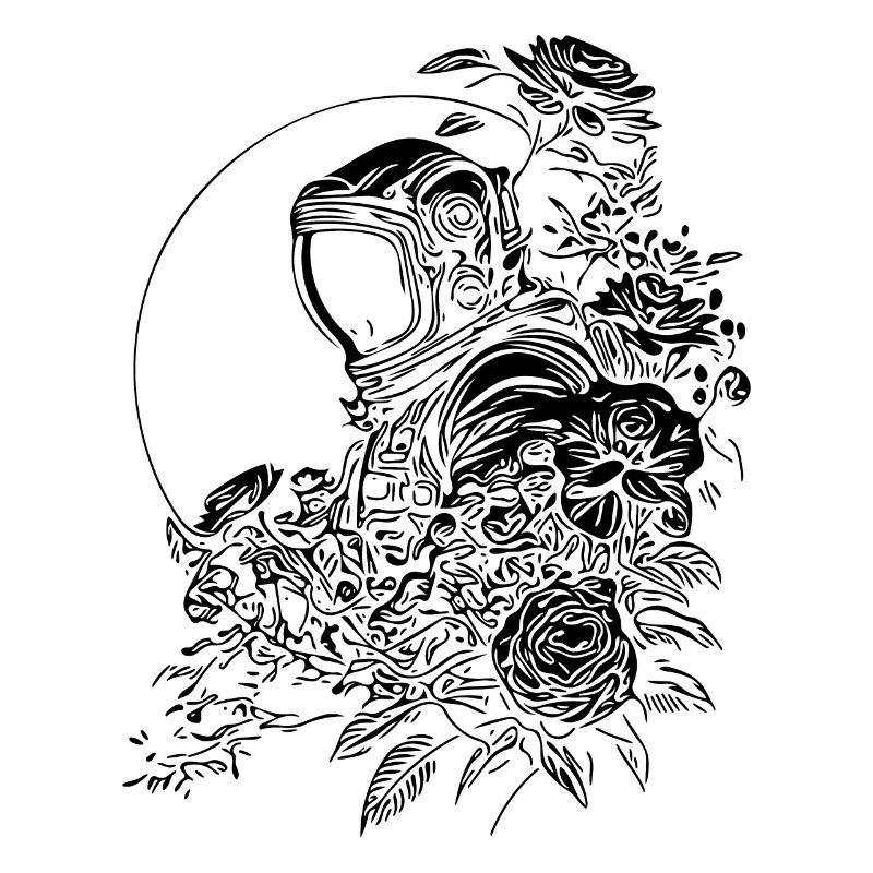 Astronaute dans le jardin fleuri au clair de lune
