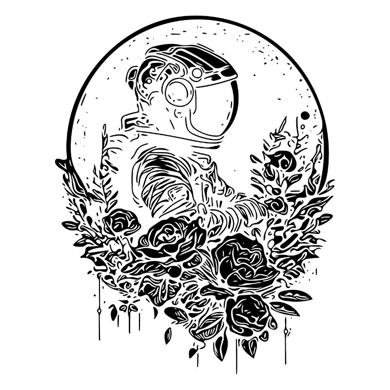 Astronaute dans un parterre de fleurs vintage au clair de lune