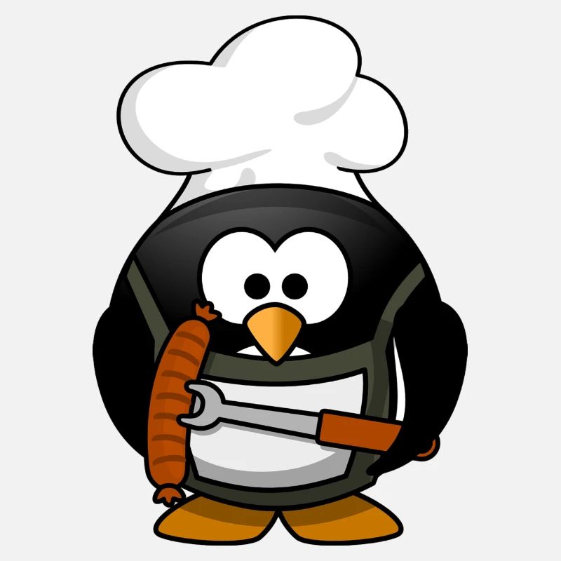Kochender Pinguin mit Bratwurst. Geschenkidee