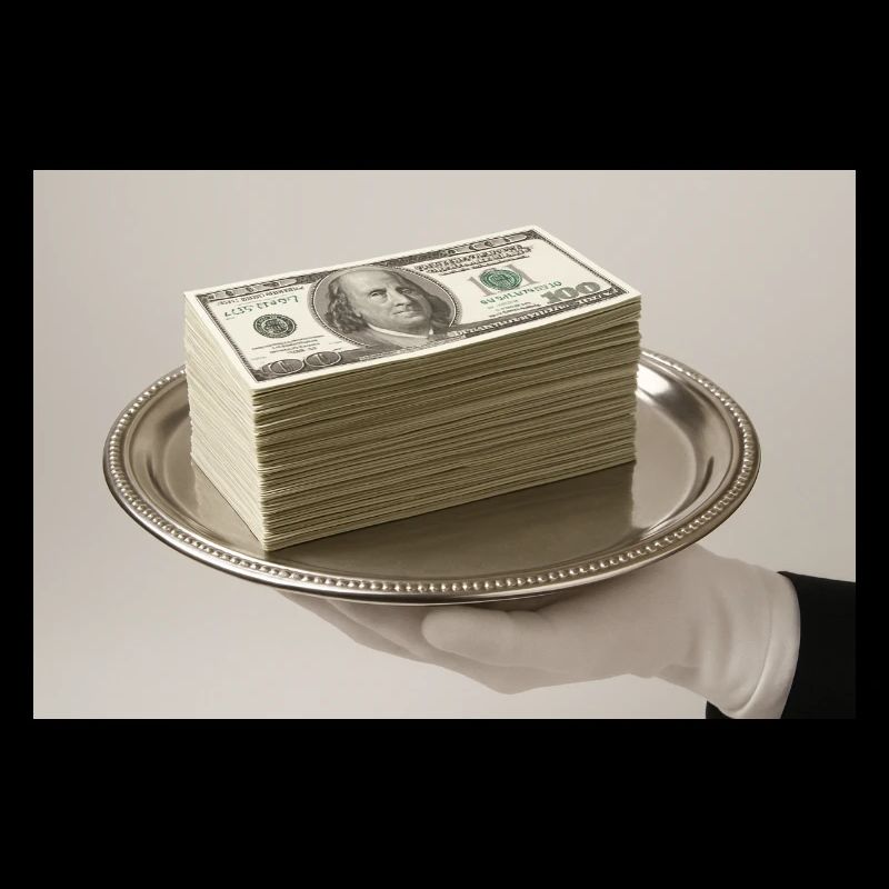 Stack of banknotes on a silver tray