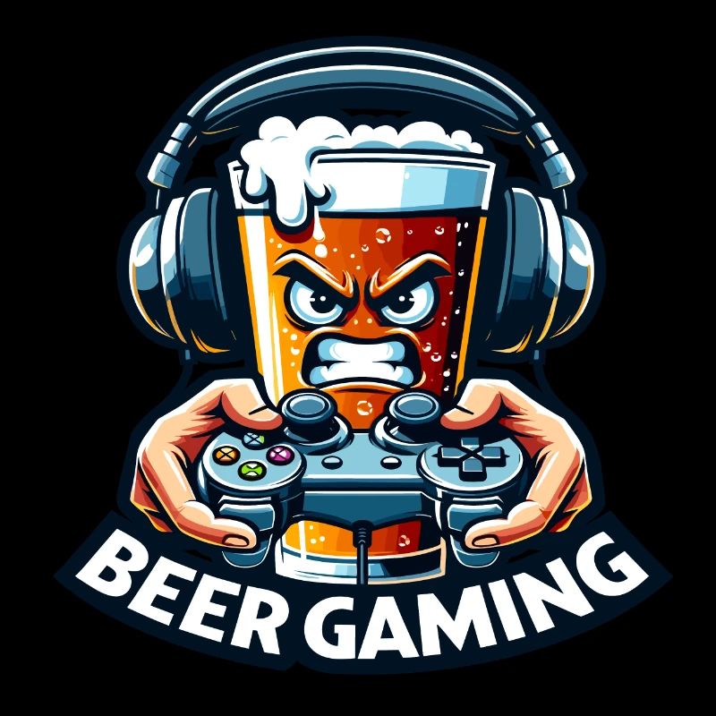 Ein Bier im Cartoon-Stil, das Videospiele abspielt