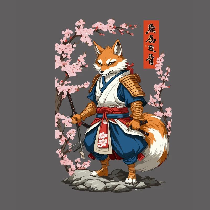 Kitsune Samurai Fox Vintage Ukiyo-e Style