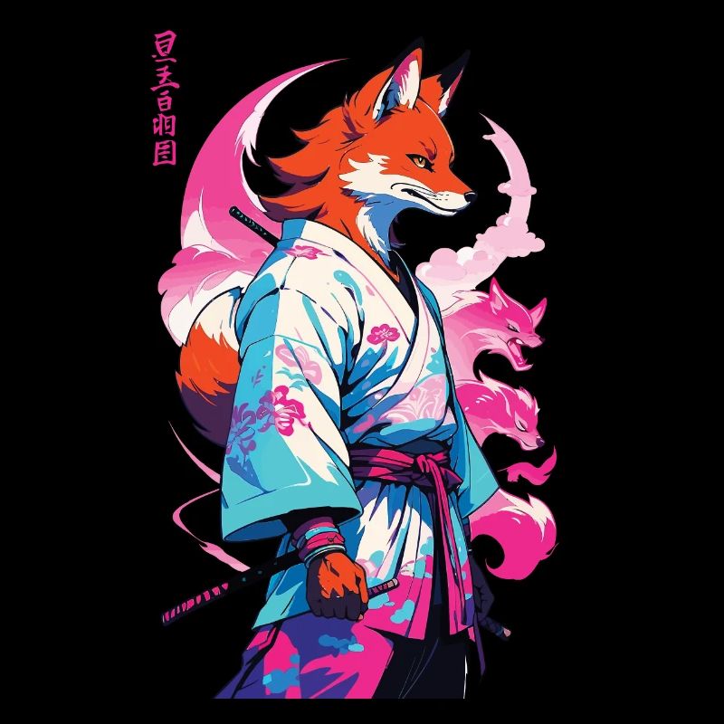 Kitsune Samurai Fuchs Aesthetic Vaporwave Stil