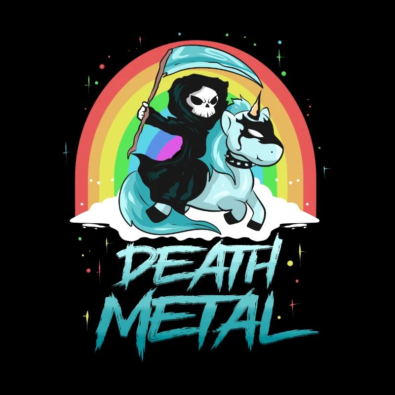 Death Metal Einhorn mit Tod als Reiter Regenbogen