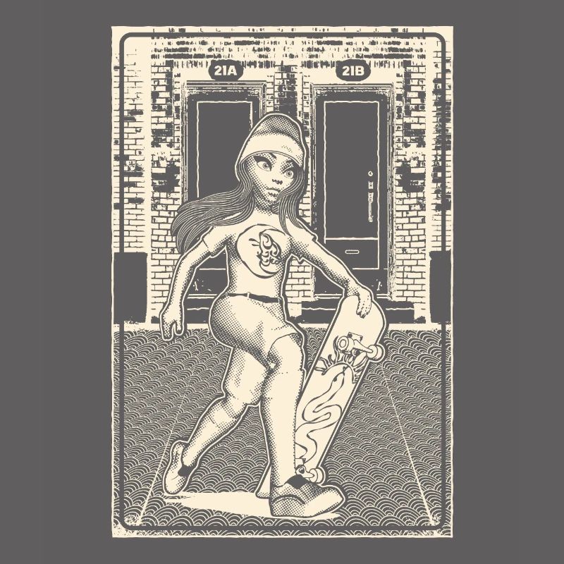 Fille avec skateboard devant la maçonnerie de brique.