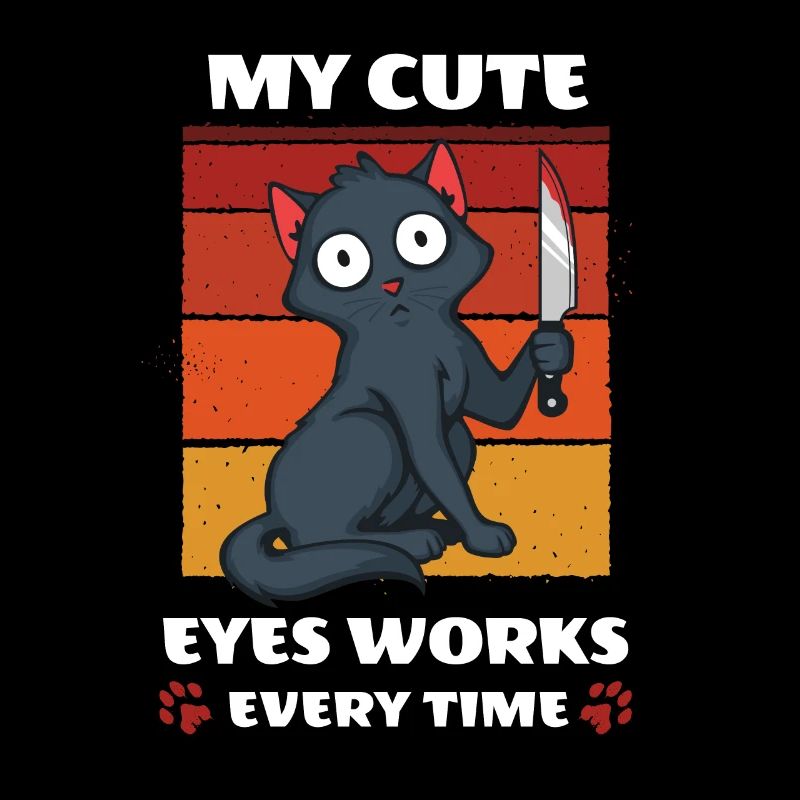 Drôle de chat noir yeux mignons chat meurtrier avec couteau