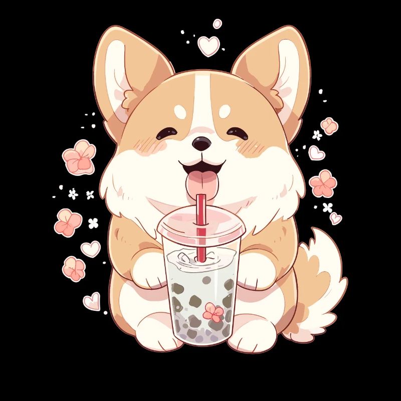 Kawaii Corgi Hund trinkt Boba Bubble Tea Chibi