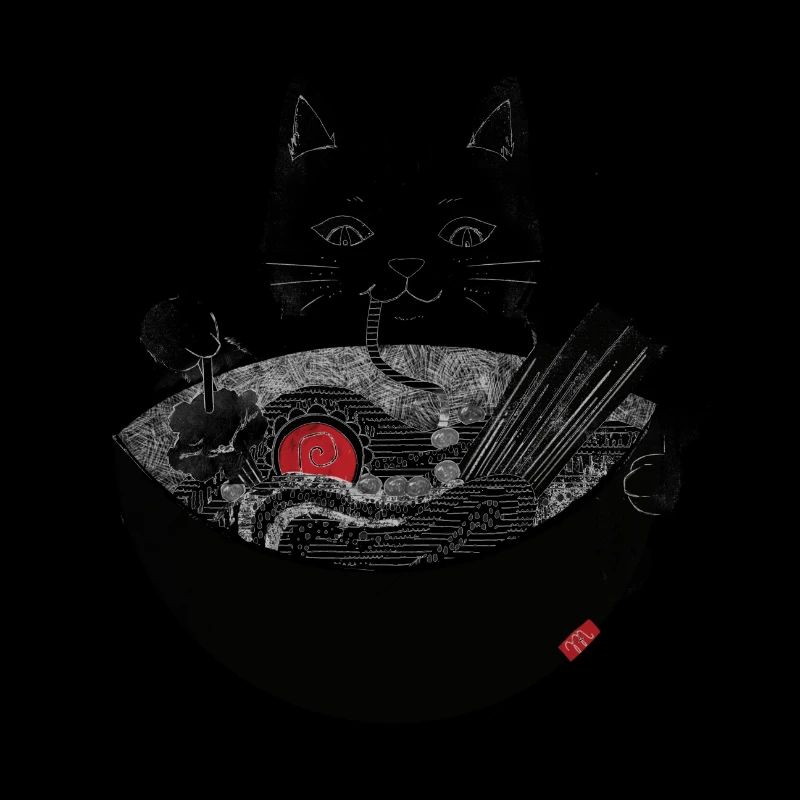 Katze schlürft Ramen Nudelsuppe mit Stäbchen