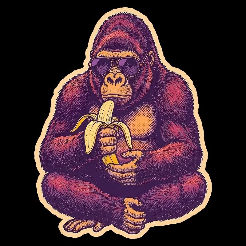 Gorille avec des lunettes de soleil mangeant une banane