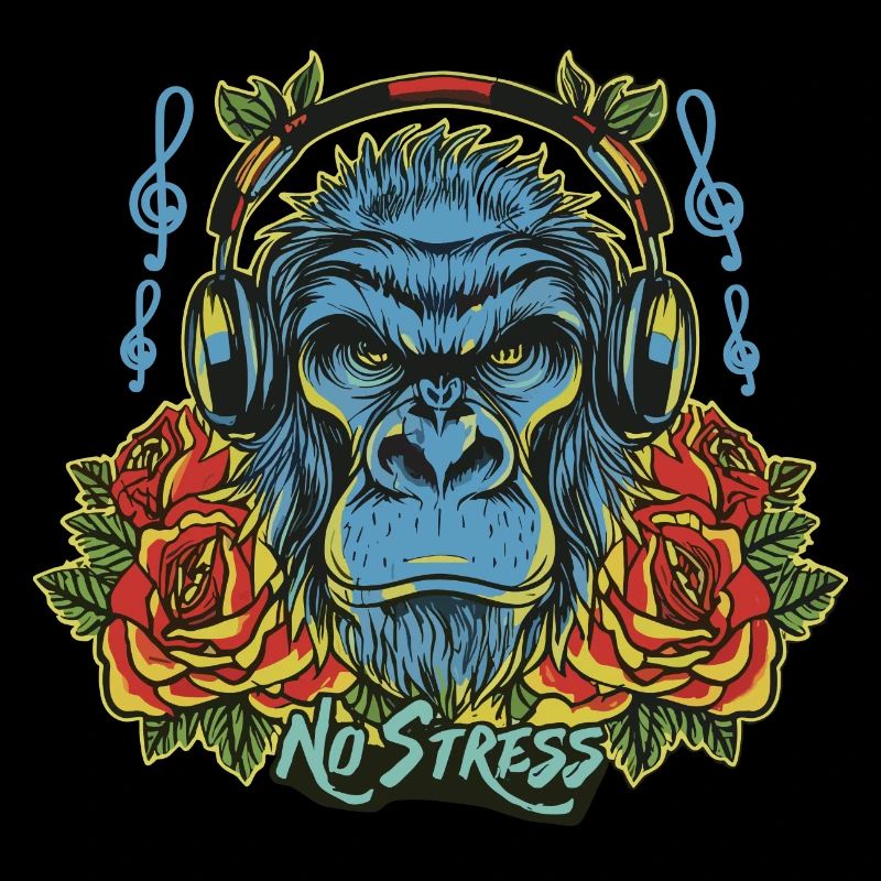 Gorilla mit Kopfhörer Lustiger Spruch NO STRESS