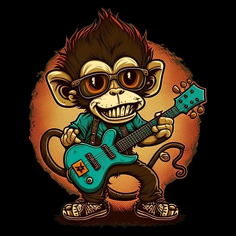 Affe Schimpanse spielt Acousitc Rock Gitarre