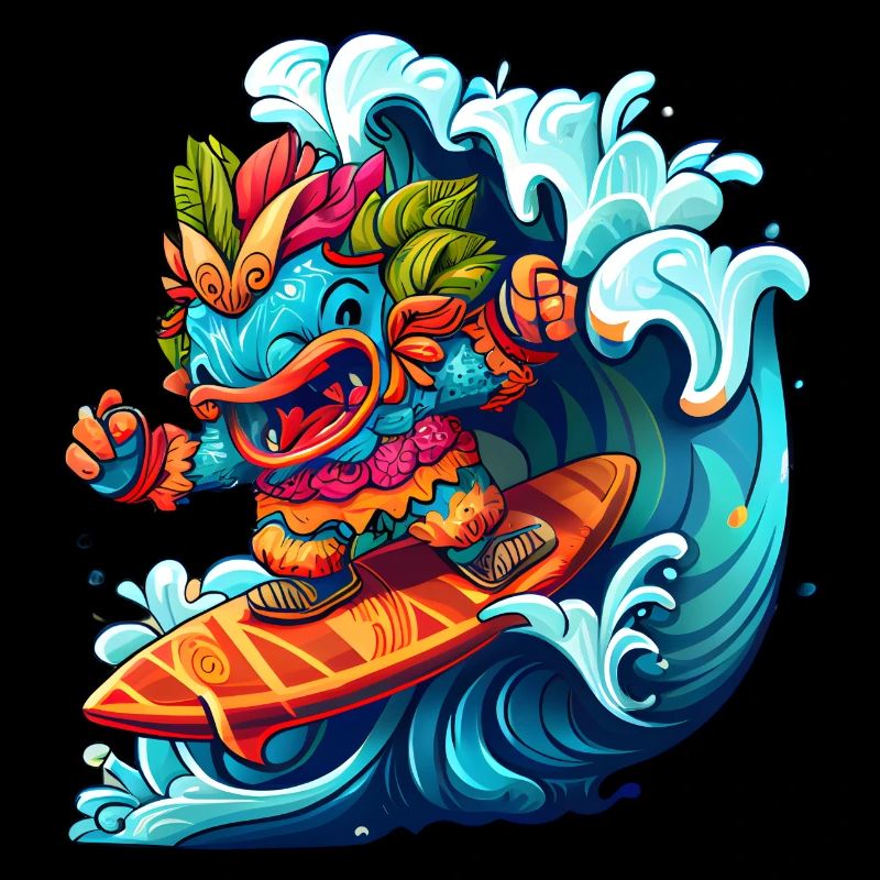 Monstre comique sur Surfboard avec Big Wave