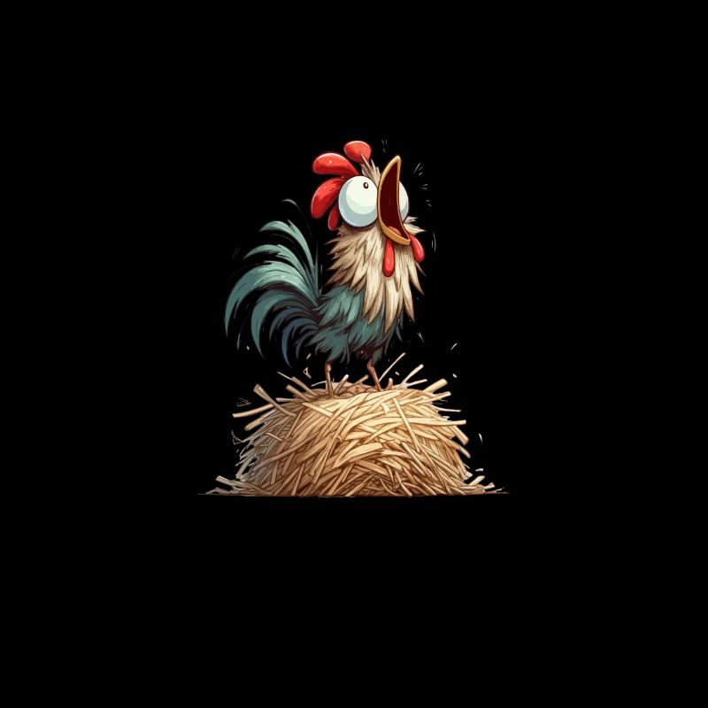 Comic rooster crows on straw bales