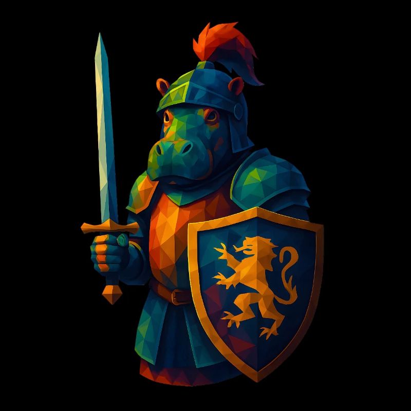 Animaux de style WPAP - Hippopotame avec armure de chevalier, épée
