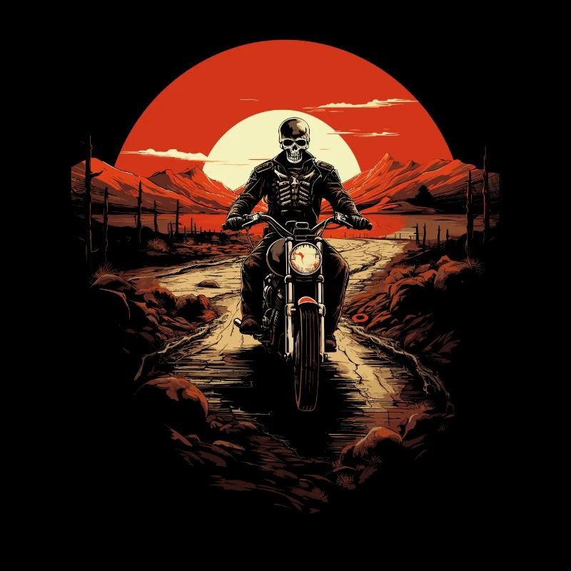 Skeleton Biker On Endless Road Sunset