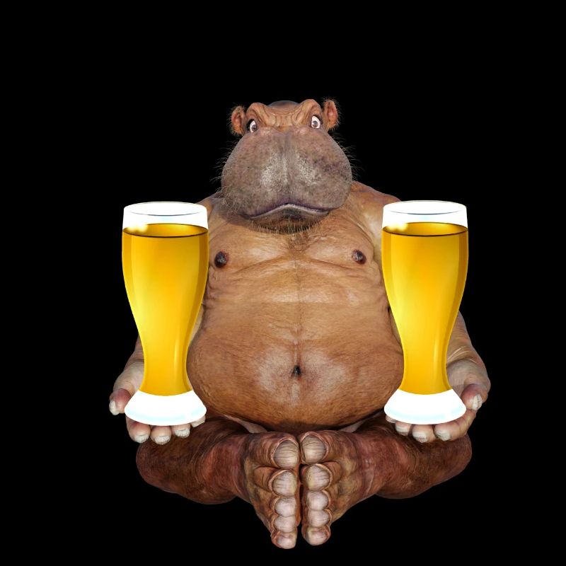 Comic, Nilpferd mit 2 Biergläsern in jeder Hand