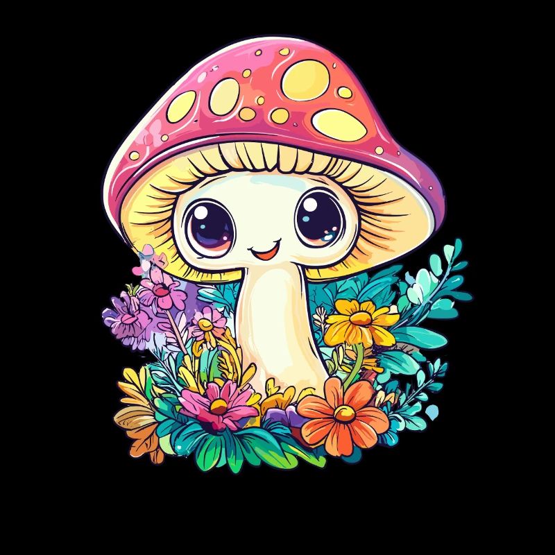champignon heureux dans le champ de fleurs
