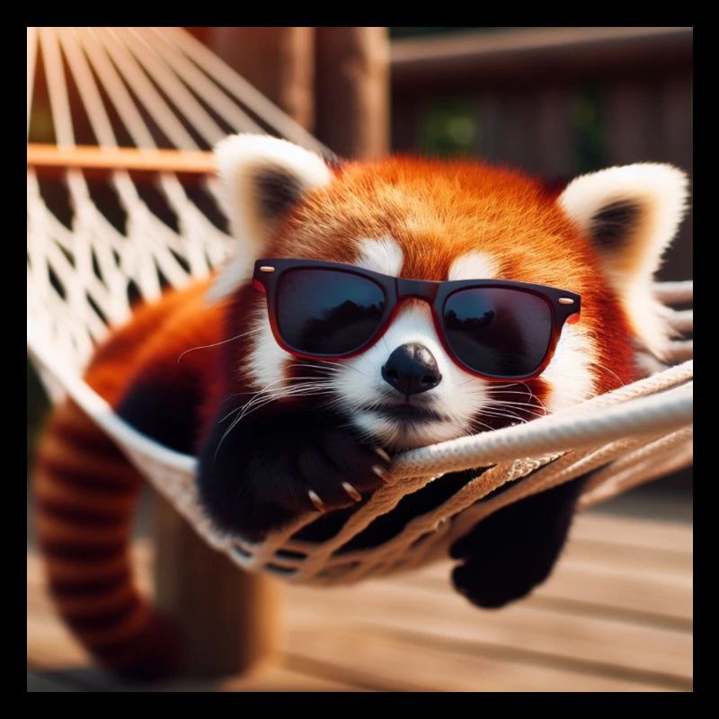 Red panda bear with sunglasses in hammock