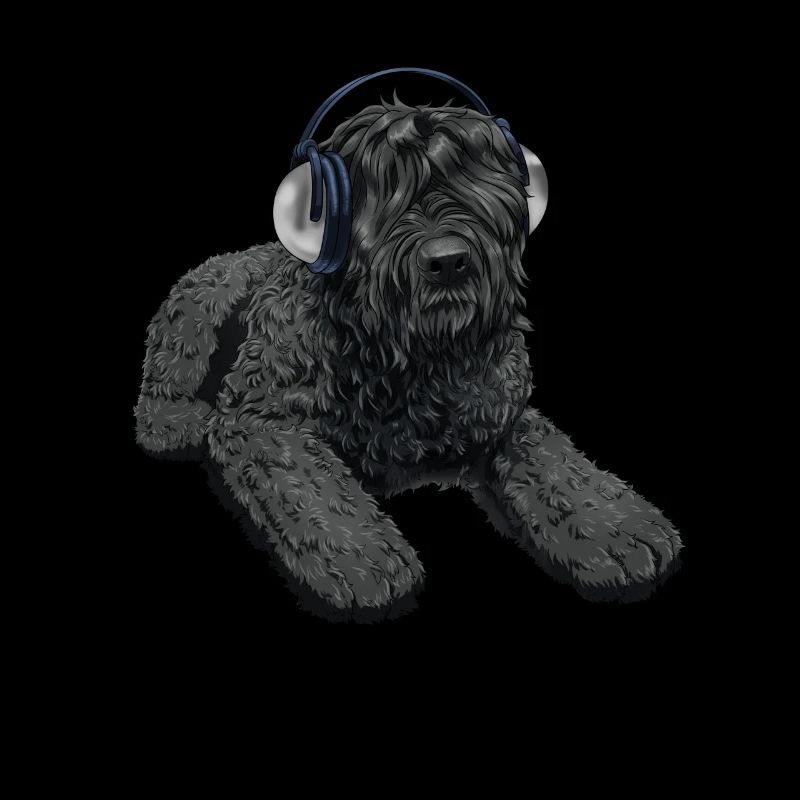 Schwarzer russischer Terrier Hund mit Kopfhörer