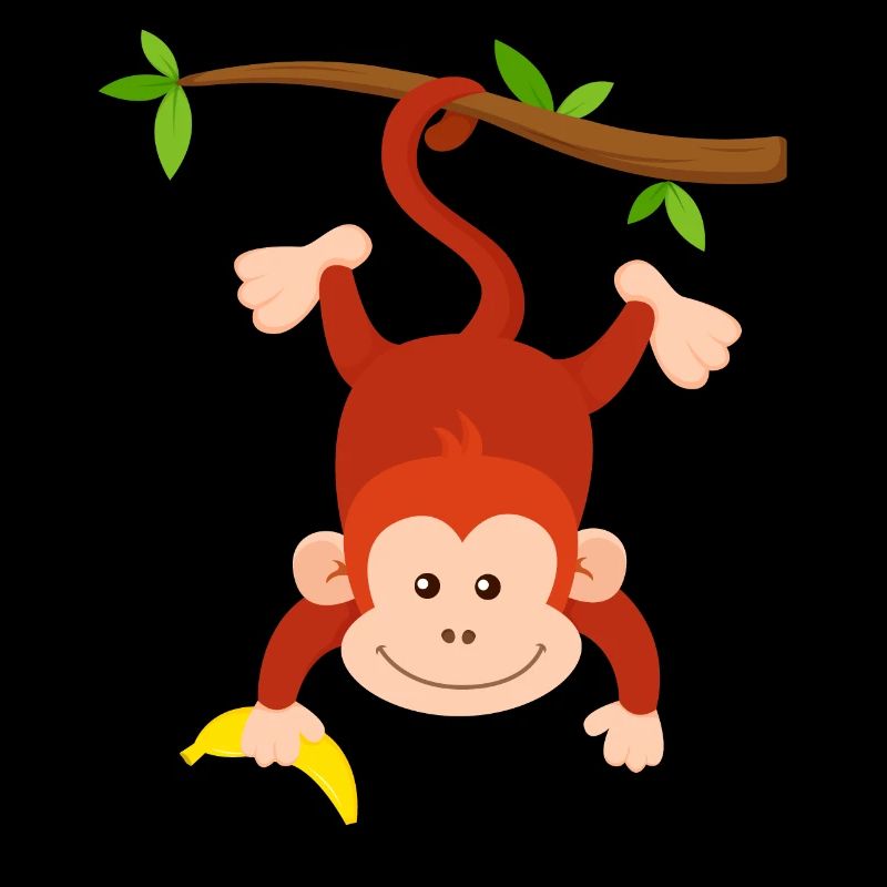 Monkey with banana hangs upside down on branch monkey design