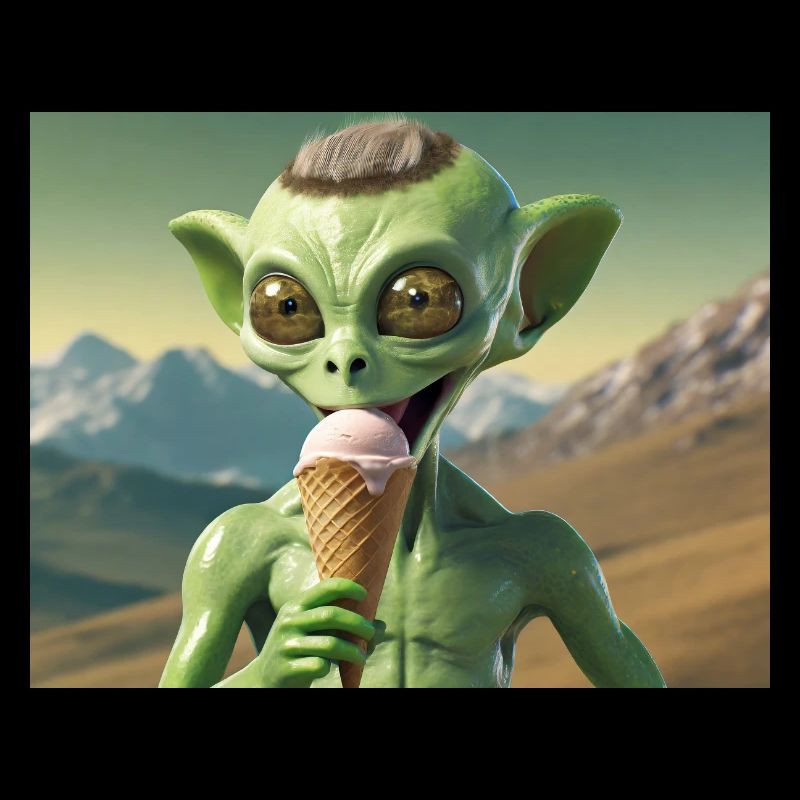 grey alien on the moon surface – eating ice cream