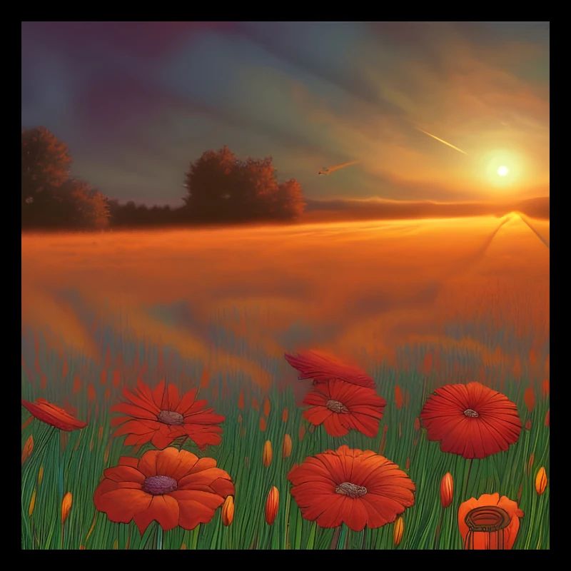 Coucher de soleil sur le vaste champ de fleurs d’oranger