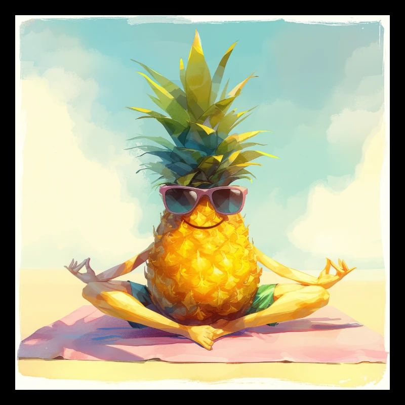 Funny pineapple doing yoga on the beach