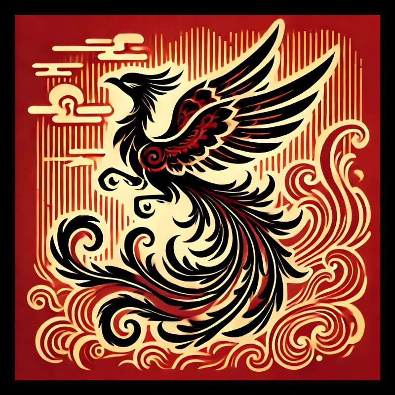 Black Phoenix on Red and Gold Background