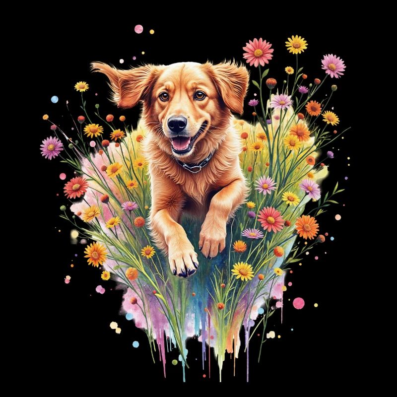 Chien jouant dans les fleurs
