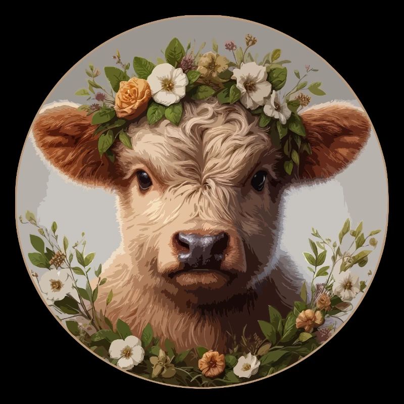 Highlander-Kalb mit Blumen