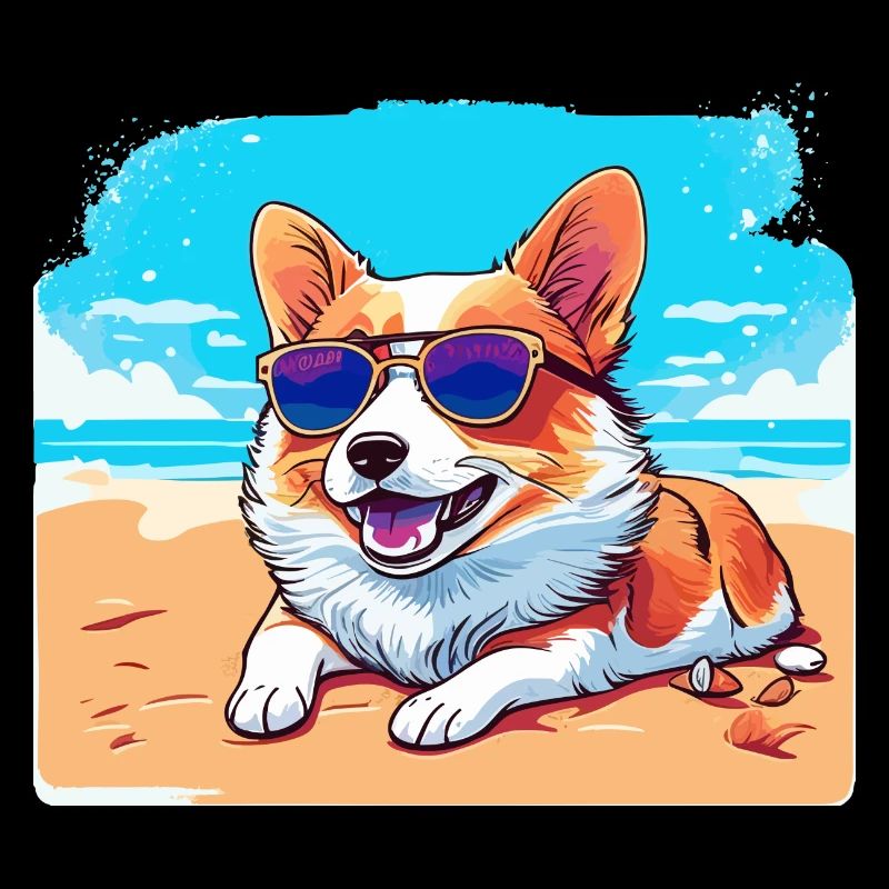 Corgi, der am Strand liegt