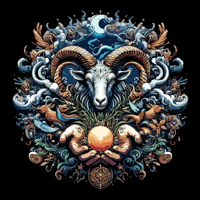 Mystical Ram and Ocean Creatures Illustration