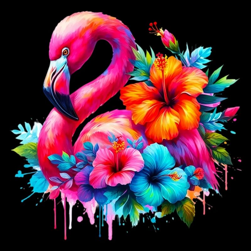 Flamant rose décoré de fleurs d’hibiscus
