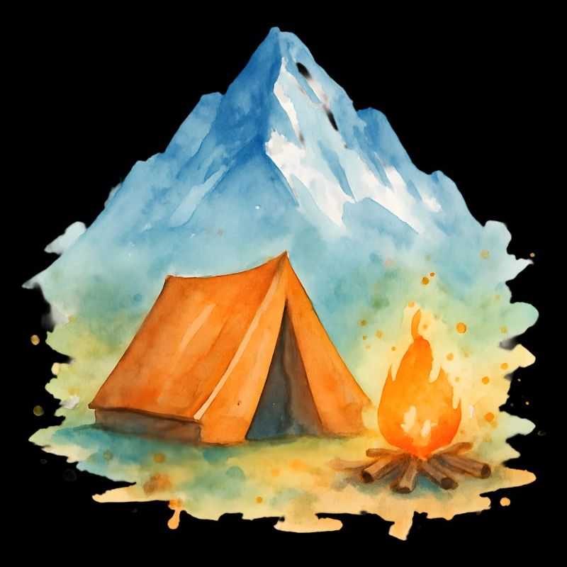 Watercolor Campfire Mountain