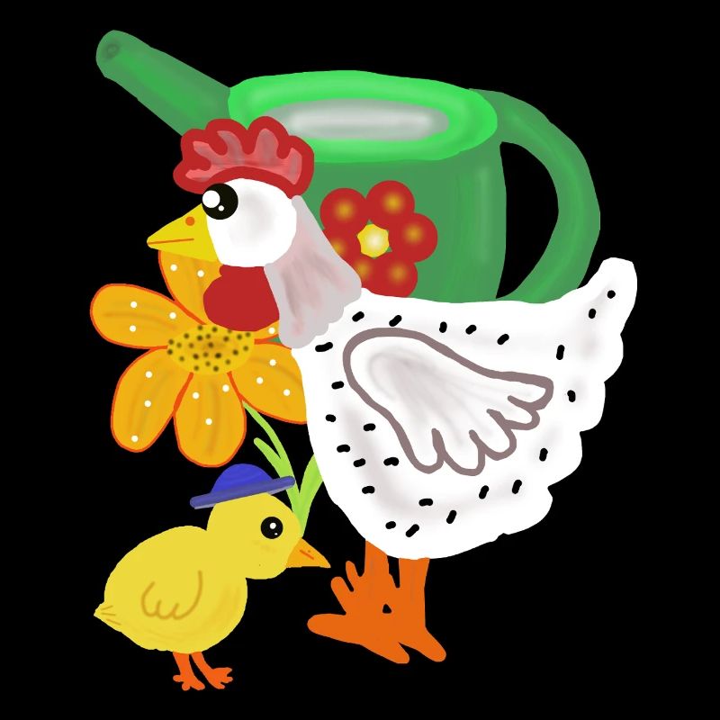 Poulet et poussin dans le jardin fleuri