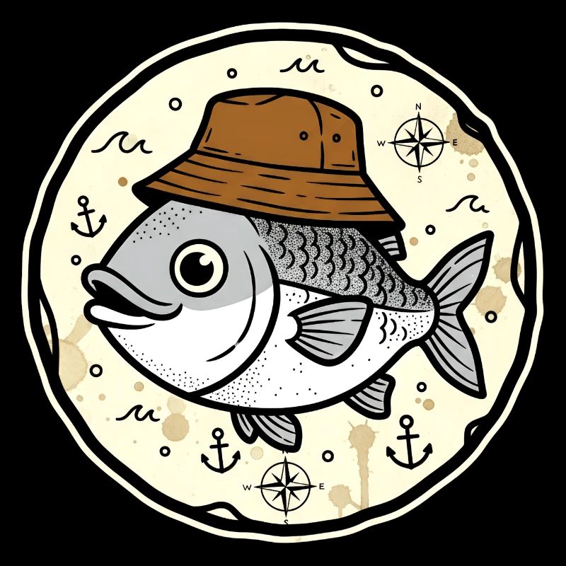 Fish with hat in nautical round logo