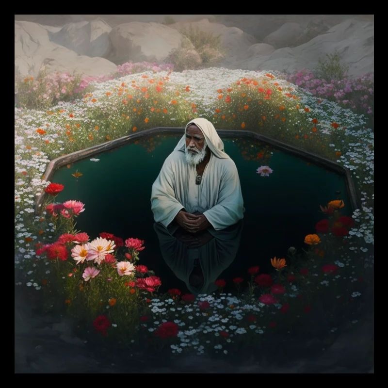 Cheikh assis dans un champ de fleurs