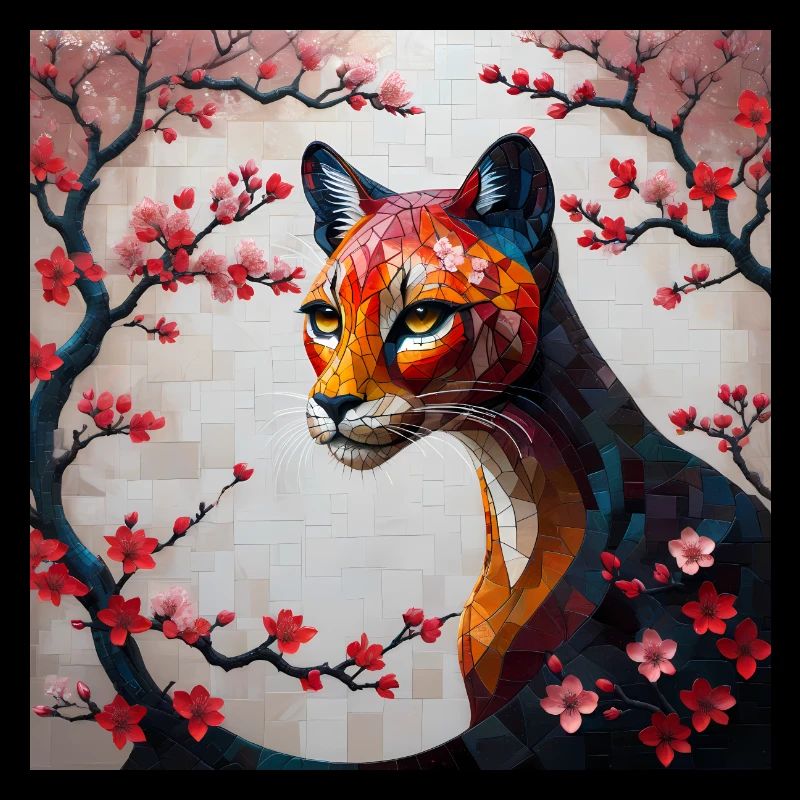 Chat mince dans la mosaïque de branches de fleurs