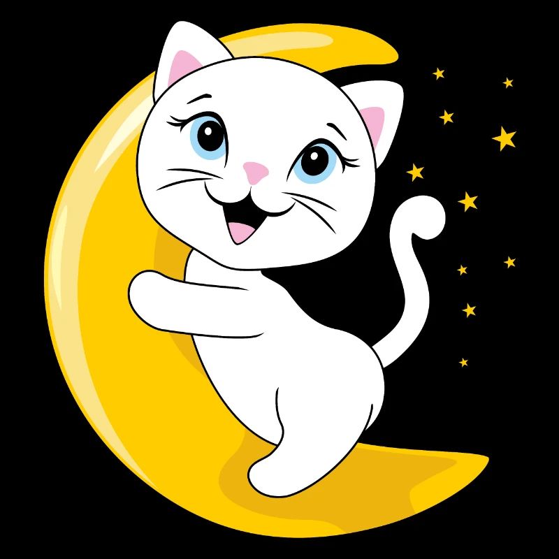 Chat blanc souriant assis sur la lune