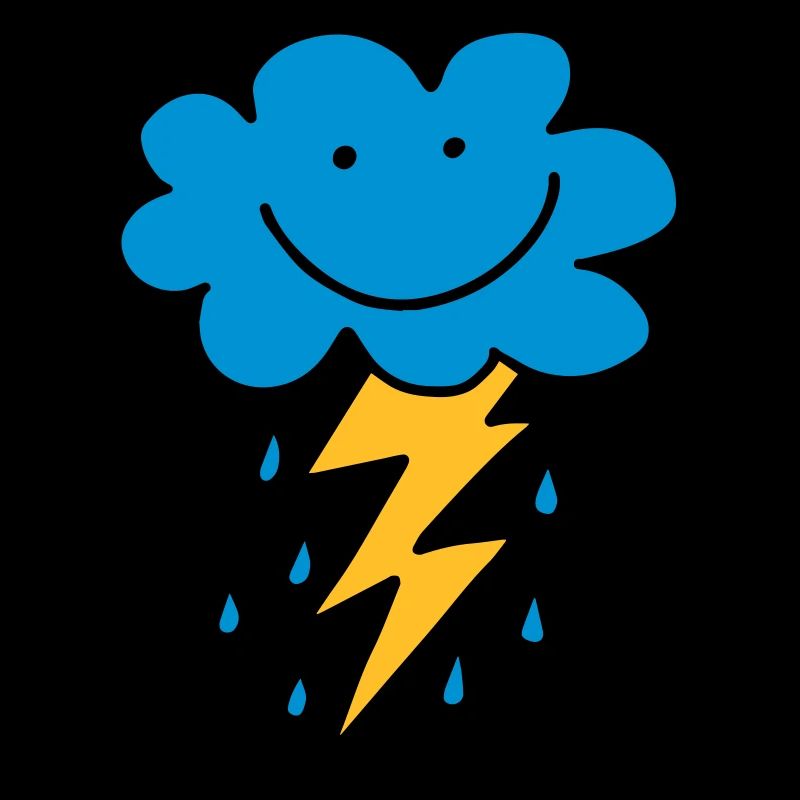 Funny cloud with flash, raindrops, comic, emoji
