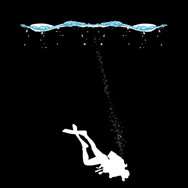 Scuba divers underwater with air bubbles