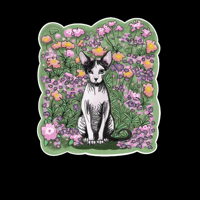 Illustration d’un chat sphynx parmi les fleurs