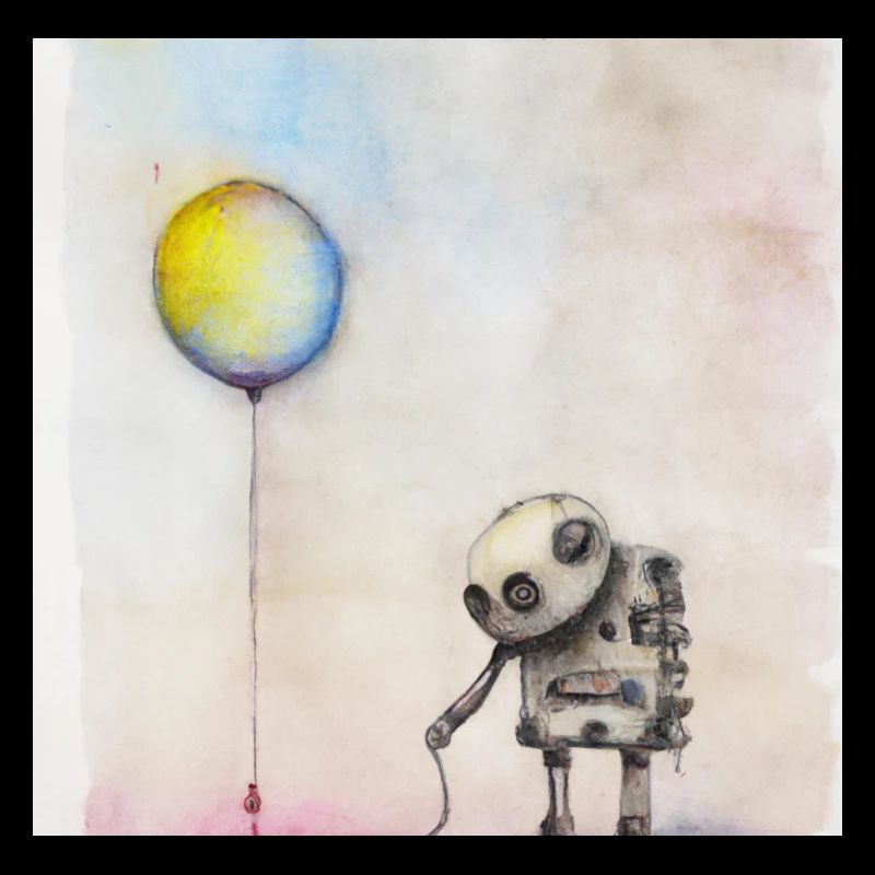 lonely robot holding a balloon