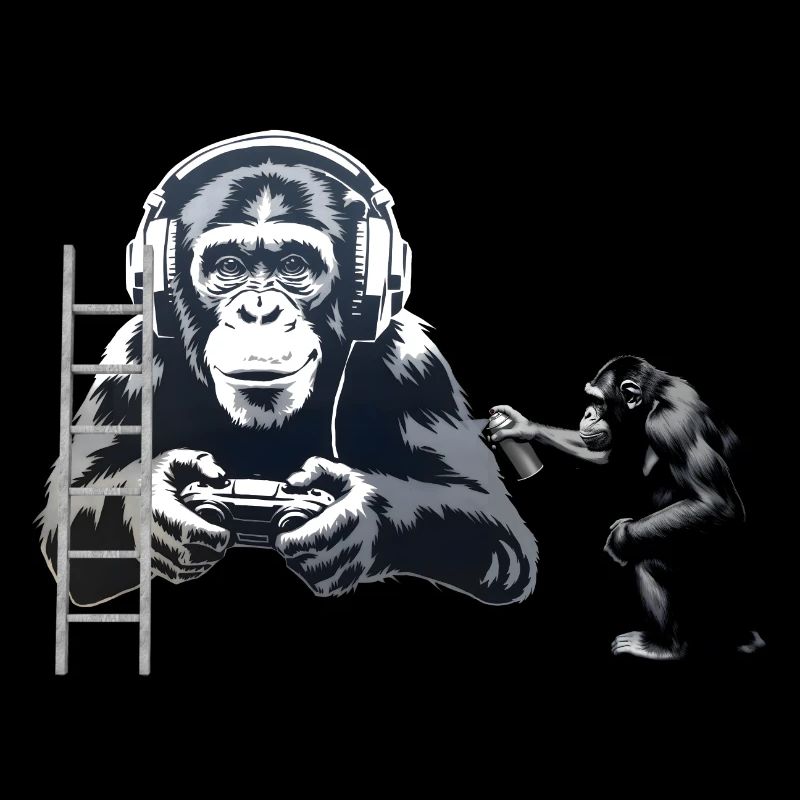 GRAFFITI BANKSY STYLE - SCHIMPANSE SPIELT COMPUTER GAM